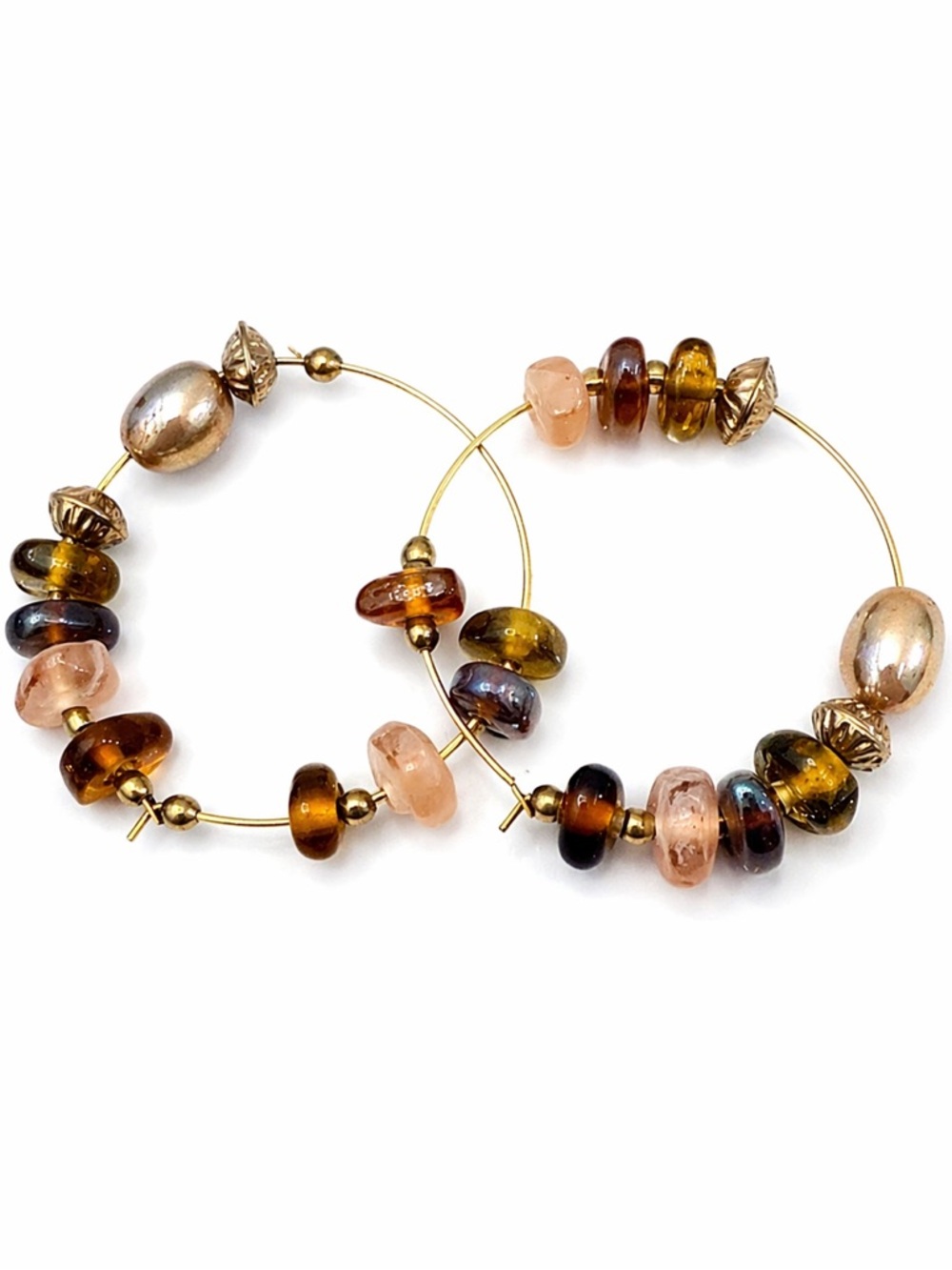 Elegant Gold and Brown Beaded Hoop Earrings‎ NWT